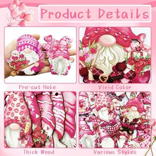 Valentine Wooden Hanging Ornaments, Wood Decor for Tree Decoration, Santa Doll Craft, Gnome Elf Party Supplies (Valentine-Gnomes-A)