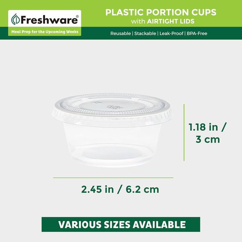 Freshware Portion Cups - 2 Ounce Disposable Plastic Cups with Lids | 100 Sets for Meal Prep & Sauces