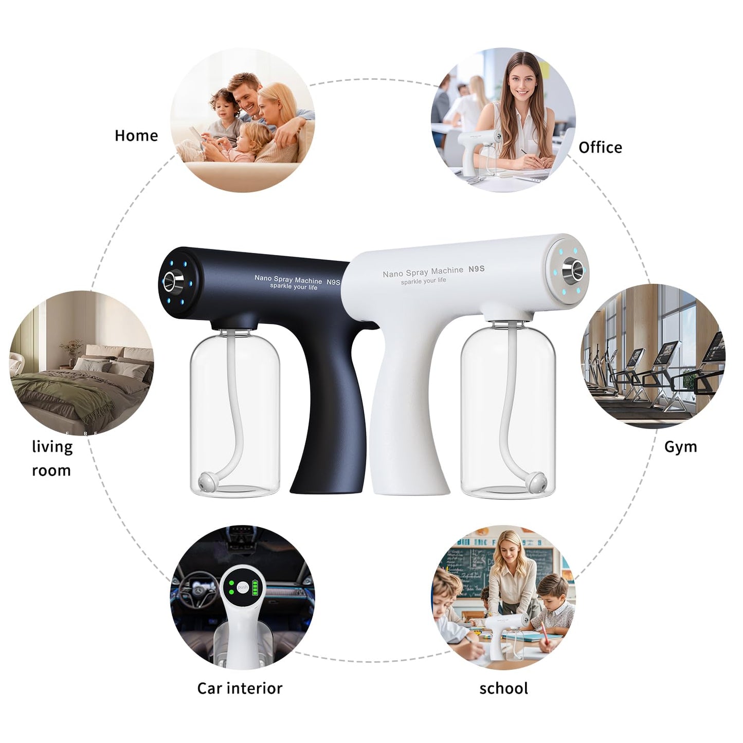ULV Electrostatic Nano Mist Sprayer with Blue Light, 350ml Cordless Handheld for Home Car Office Salon Multi-Surface Cleaning (N9S White)