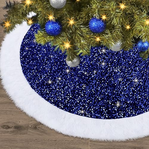 Dremisland 30 Inch Blue Sequin Christmas Tree Skirt with Faux Fur Edge