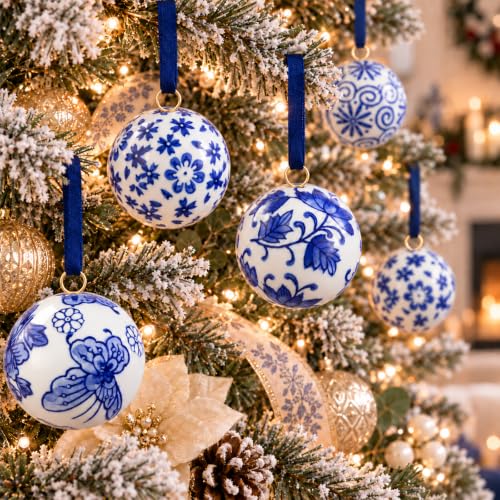 Blue & White Chinoiserie Ceramic Christmas Ornament Balls Set 12 Pcs 2.36in