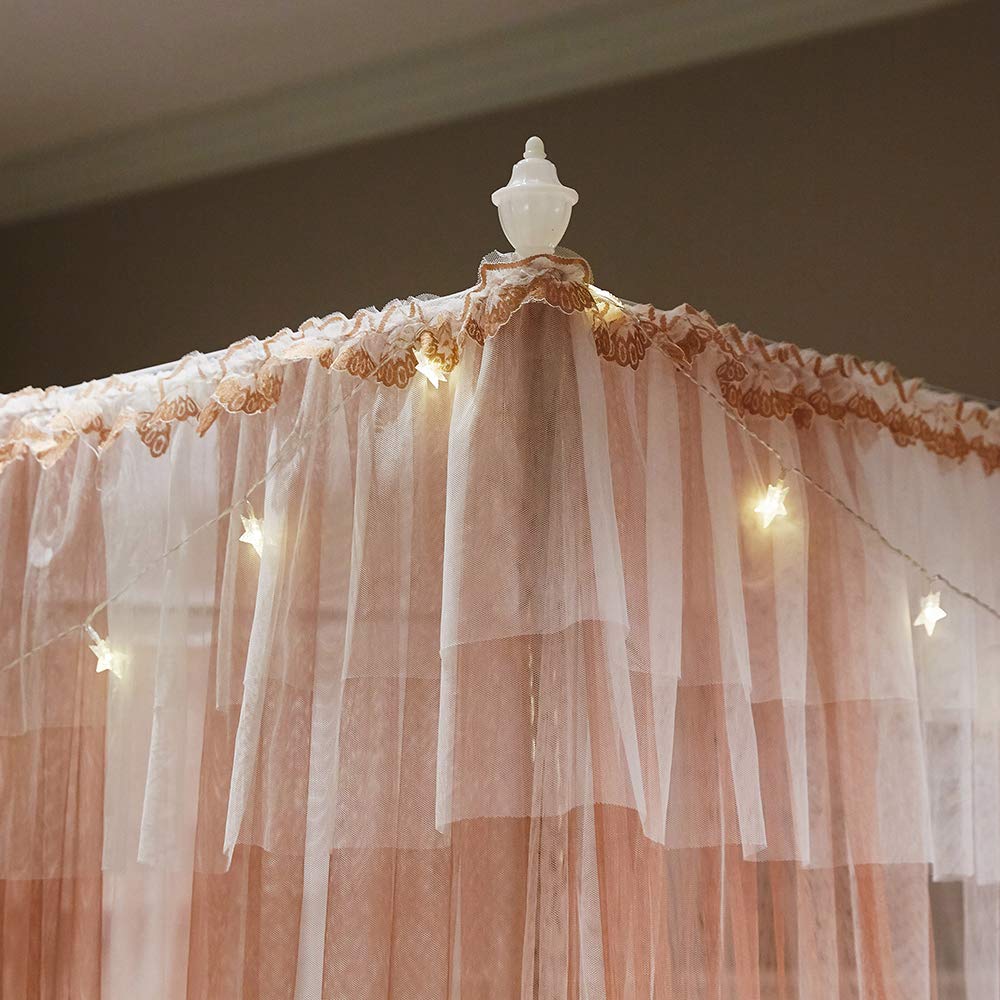 Joyreap Luxury 4 Corners Post Canopy Bed Curtains - Coral & White Cozy Drape Netting - Cute Princess Style Bedroom Decoration Accessories(Reddish Brown,86" W x 78" L, King)