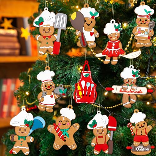 Chef Gingerbread Ornament Set - 12pcs Christmas Hanging Tree Decor, Gingerbread Man Decorations
