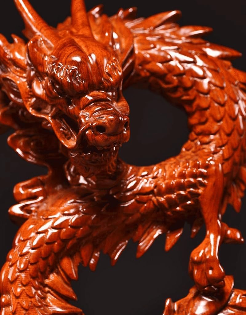 Otjidku Feng Shui Dragon Statue- Chinese Dragon on Wood Sculpture Figurine Ornament Attract Wealth and Good Luck Office Home Decor (Red) (7 Inch)