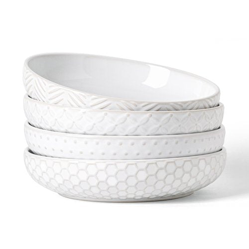 FOBENTA Embossed Ceramic Pasta Bowls, 42 oz Bowl Plates Set,9-Inch Large Serving Bowls Set of 4, Perfect for Pasta, Salad, Fruit, Sturdy&Stackable, Microwave & Dishwasher Safe