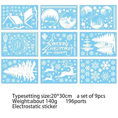 196Pcs White Christmas Tree Snowflakes Reindeer Window Decorations, 9 Sheets Removable Double-Sided Merry Christmas Window Clings Stickers Decals for Winter