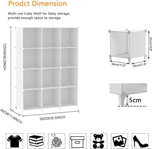 AWTATOS Cube Storage Organizer - 12 Cube Bookshelf | Stackable Plastic Shelves for Home & Bedroom - White
