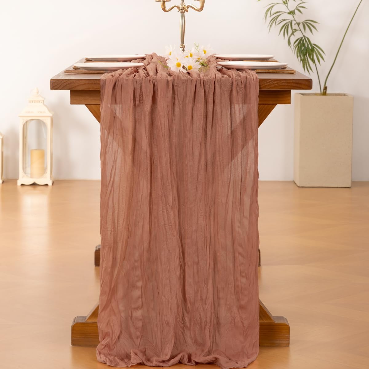 Socomi Cheesecloth Table Runner - Boho Rustic Design in Dusty Rose | 120 Inch for Weddings & Events