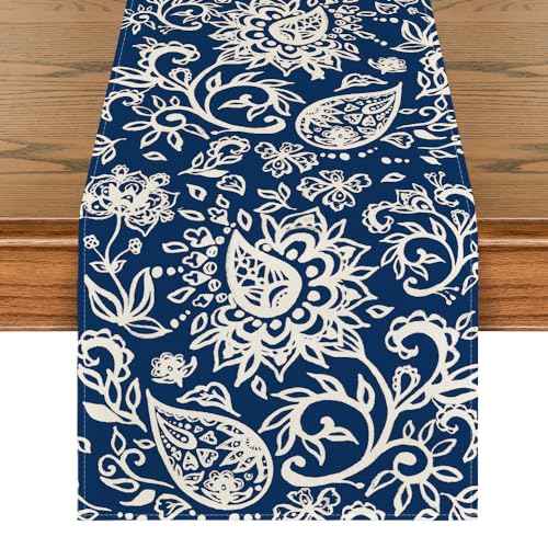 Artoid Mode Blue Floral Paisley Table Runner, Seasonal Spring Kitchen Dining Table Decoration for Home Party Decor 13x72 Inch