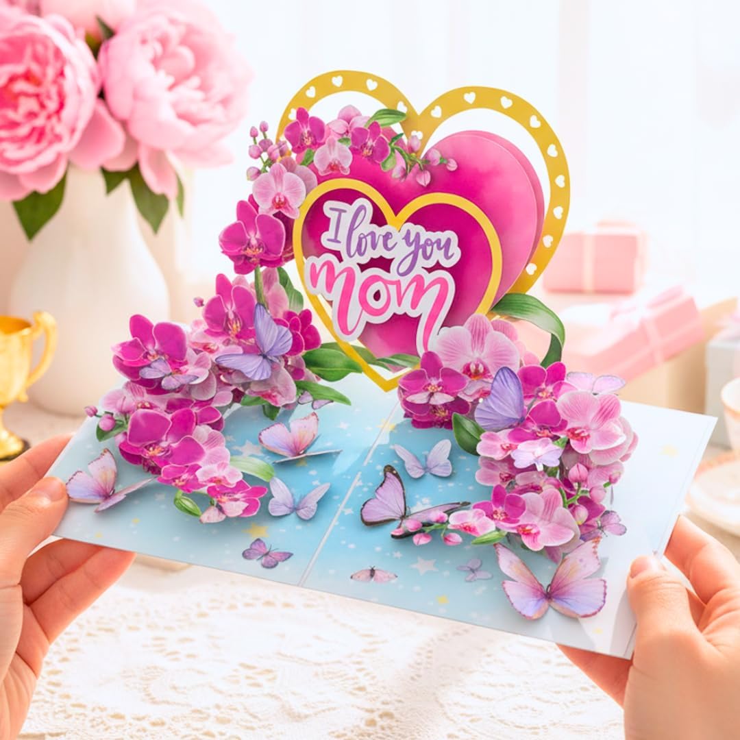PIECE GIFT 3D Pop-Up Mother's Day Card - 'I Love You Mom' Orchid Flower Design | Premium Greeting Card with Envelope