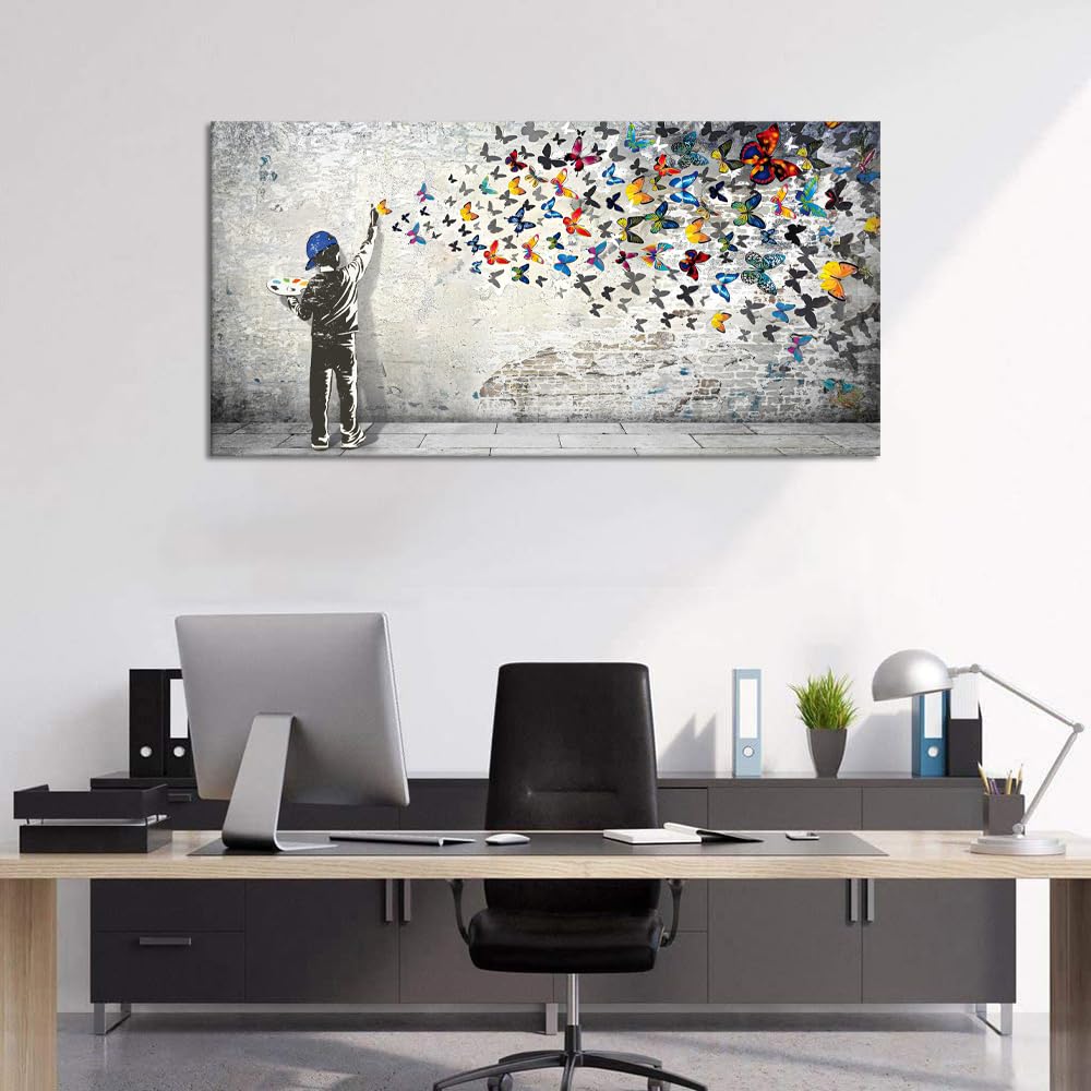 Home Decor Graffiti Canvas Wall Art for Living Room Boy Painting Butterflies Pictures Modern Street Graffiti Artwork Prints, Framed 48" x 24"