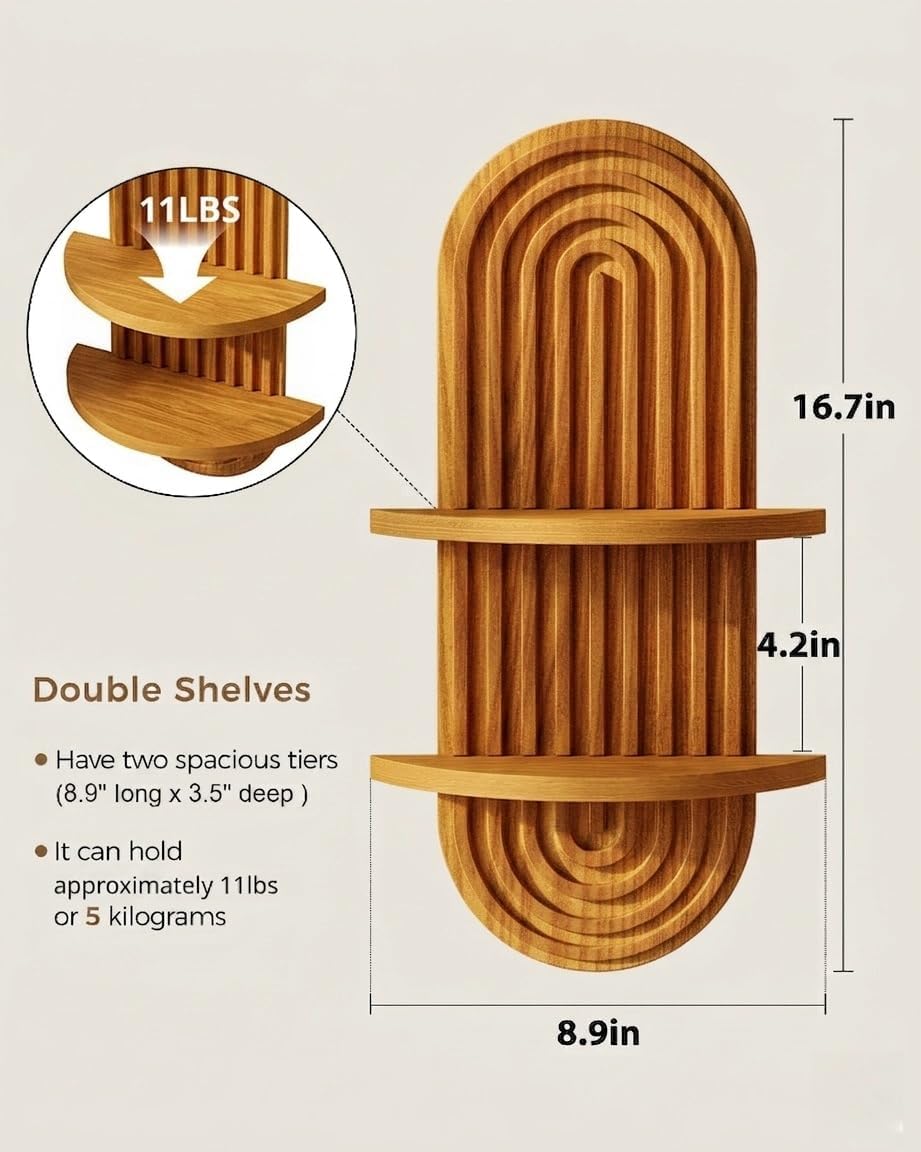 Bamworld Boho Wall Decor - 2-Tier Brown Plant Wall Shelf | Mid-Century Modern Floating Shelf 16.7in