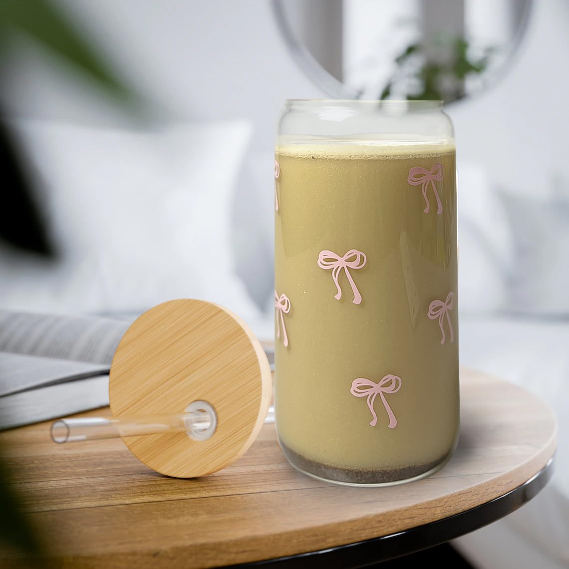 Mikopei Coquette Aesthetic Glass Cups with Lids and Straws - Pink Bow Iced Coffee Cup Decor, Cute Tumbler Smoothie with Cleaning Brush&Gift Box, Gifts for Girls Women Friends, 16 oz