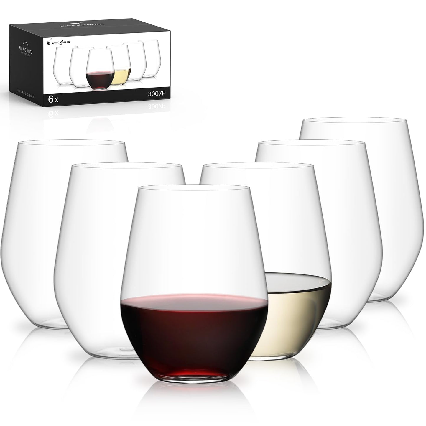 LUNA & MANTHA Stemless Wine Glasses, Crystal Red White Wine Glasses for Daily Use, Hosting, Home Bar, Evening Party, Birthdays, Shower, Housewarming Gift,Plastic Set of 6 16oz