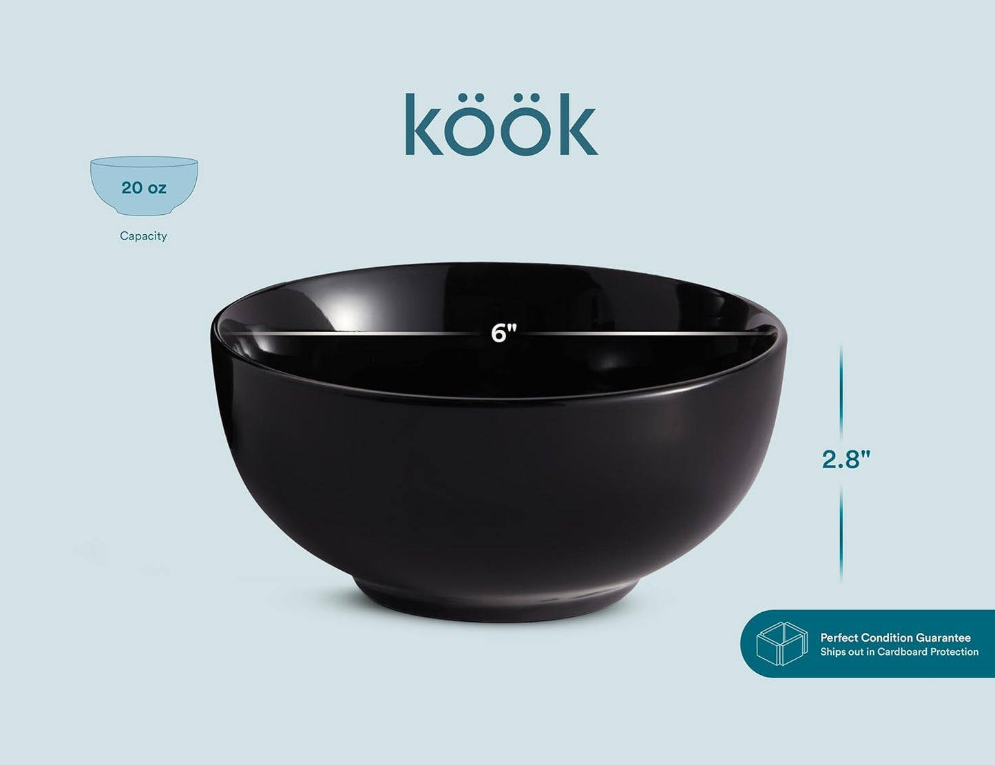 KooK Ceramic Soup & Cereal Bowls - Microwave & Dishwasher Safe, 20 oz, Set of 6 - Black