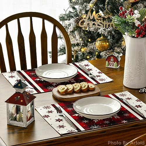 Artoid Mode Set of 12 Red Buffalo Plaid Snowflake Placemats 12x18 Inch Christmas Table Decor