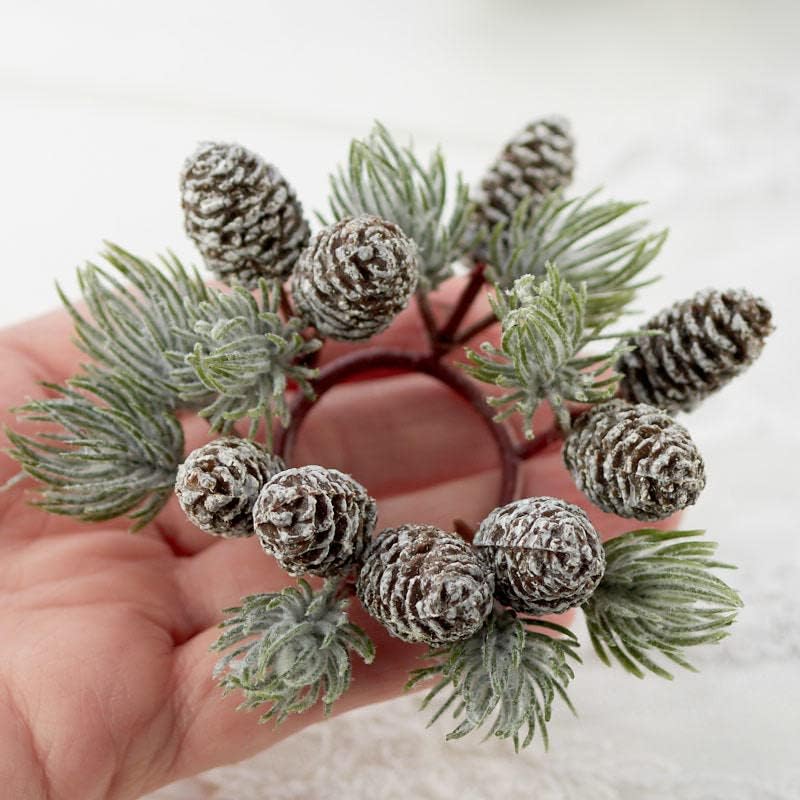 Skiennix Artificial Pine & Pinecone Candle Rings - Pack of 6 Faux Snowy Pine Decor