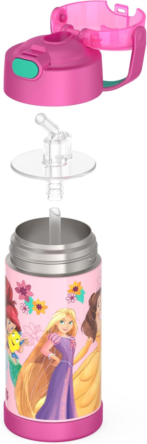 THERMOS FUNTAINER Water Bottle - 12 Ounce Kids Stainless Steel Insulated Bottle with Straw - Princess Design