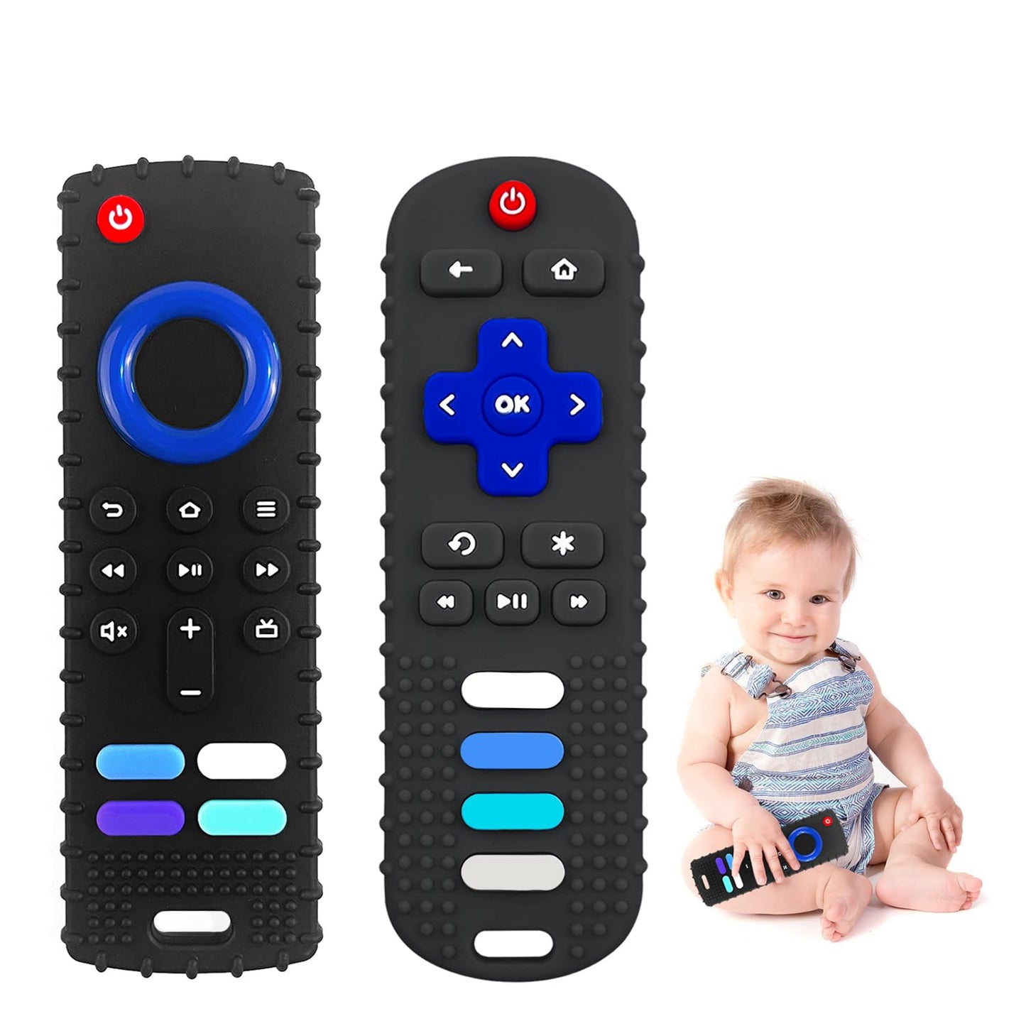ROBBEAR Baby Teething Toys, Food Grade Silicone Teethers for Babies 3 6 12 18 Months, Fire TV Remote Shape Infant Chew Toys for Boys and Girls, Freezer BPA Free (Black+Black)