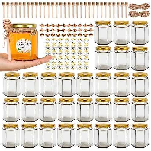 6 oz Honey Jars with Gold Lids & Wooden Dippers - 30 Pack, Hexagon Glass