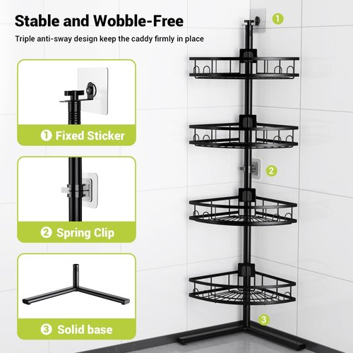 Aitatty Corner Shower Caddy - 4-Tier Rustproof Bathroom Organizer Shelf - Black Floor Rack