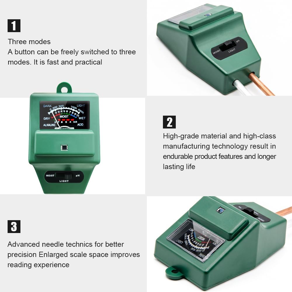 SONKIR Soil pH Meter - 3-in-1 Moisture, Light & pH Tester for Gardening | Ideal for Indoor & Outdoor Use (Green)
