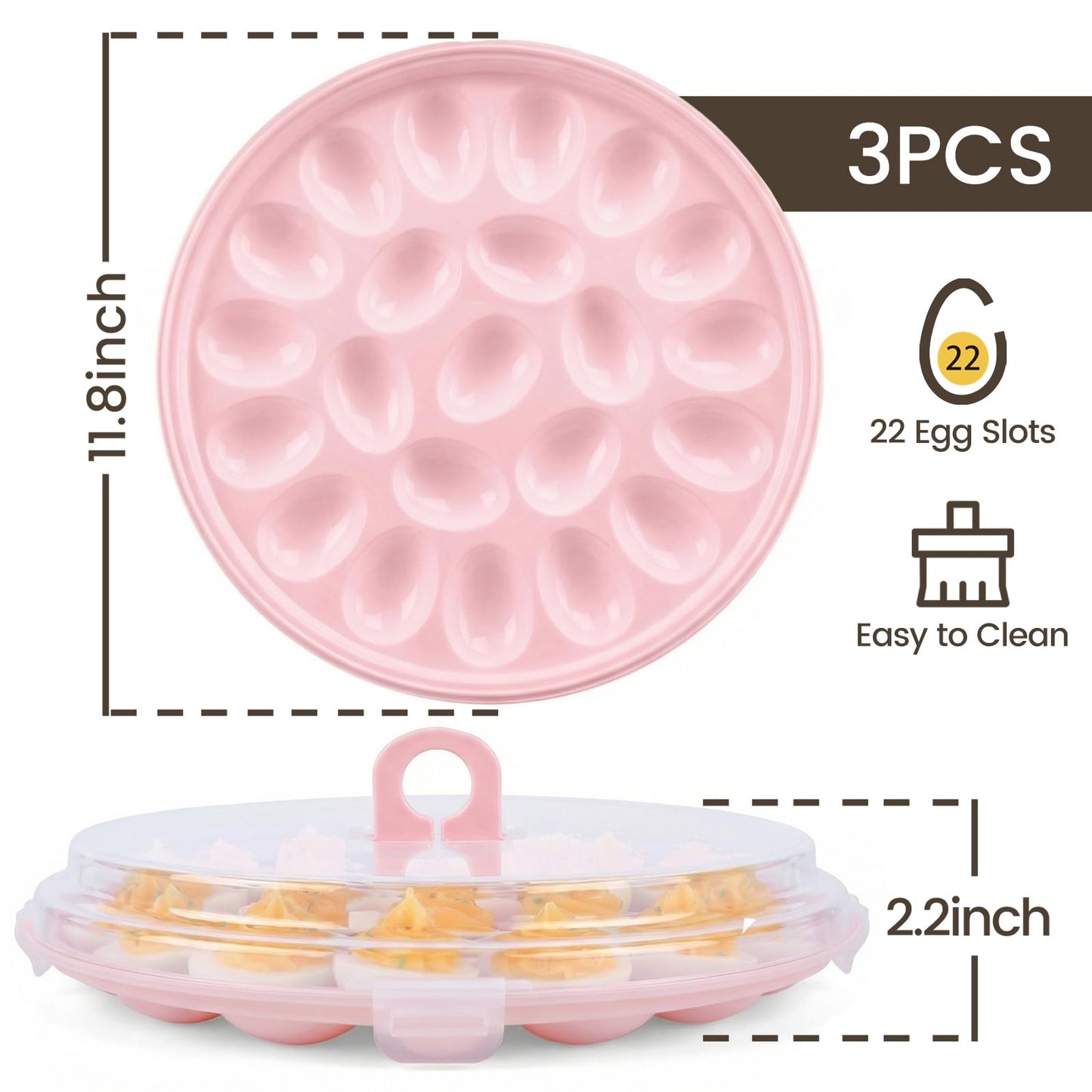 HANSGO Deviled Egg Containers with Lid, 3PCS Deviled Egg Platter Carrier Holder Trays with 66 Slots for Holiday Party and Home Kitchen, Pink