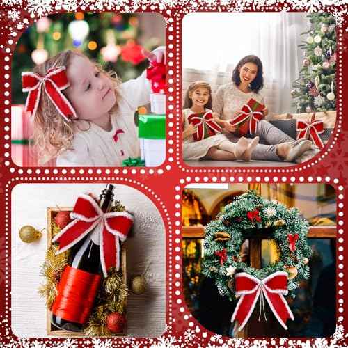 WILLBOND 12 Pcs Red Christmas Bows with White Fluffy Edges 4 x 4 Inch Tree Topper Ornaments Christmas Gifts Wrapping Bows for Xmas Wreath Door Rustic Farmhouse Decoration