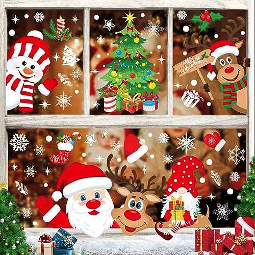 Christmas Window Stickers 267pcs Christmas Decals Reusable Double Sided Printed Self Adhesive Window Decorations Santa Claus,Moose,Snowman,Dwarfs,Xmas Tree and Snowflakes Window Clings,10 Sheet