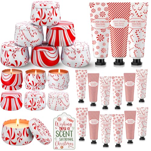 Dansib 24-Piece Christmas Candy Cane Scented Gift Set with Candles & Hand Cream - Holiday Bulk Pack