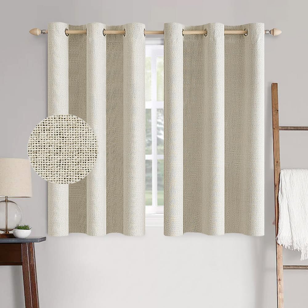 MIULEE 100% Blackout Linen Textured Curtains - Thermal Insulated Room Darkening Drapes | Cream, 42 x 63 Inch (2 Panels)