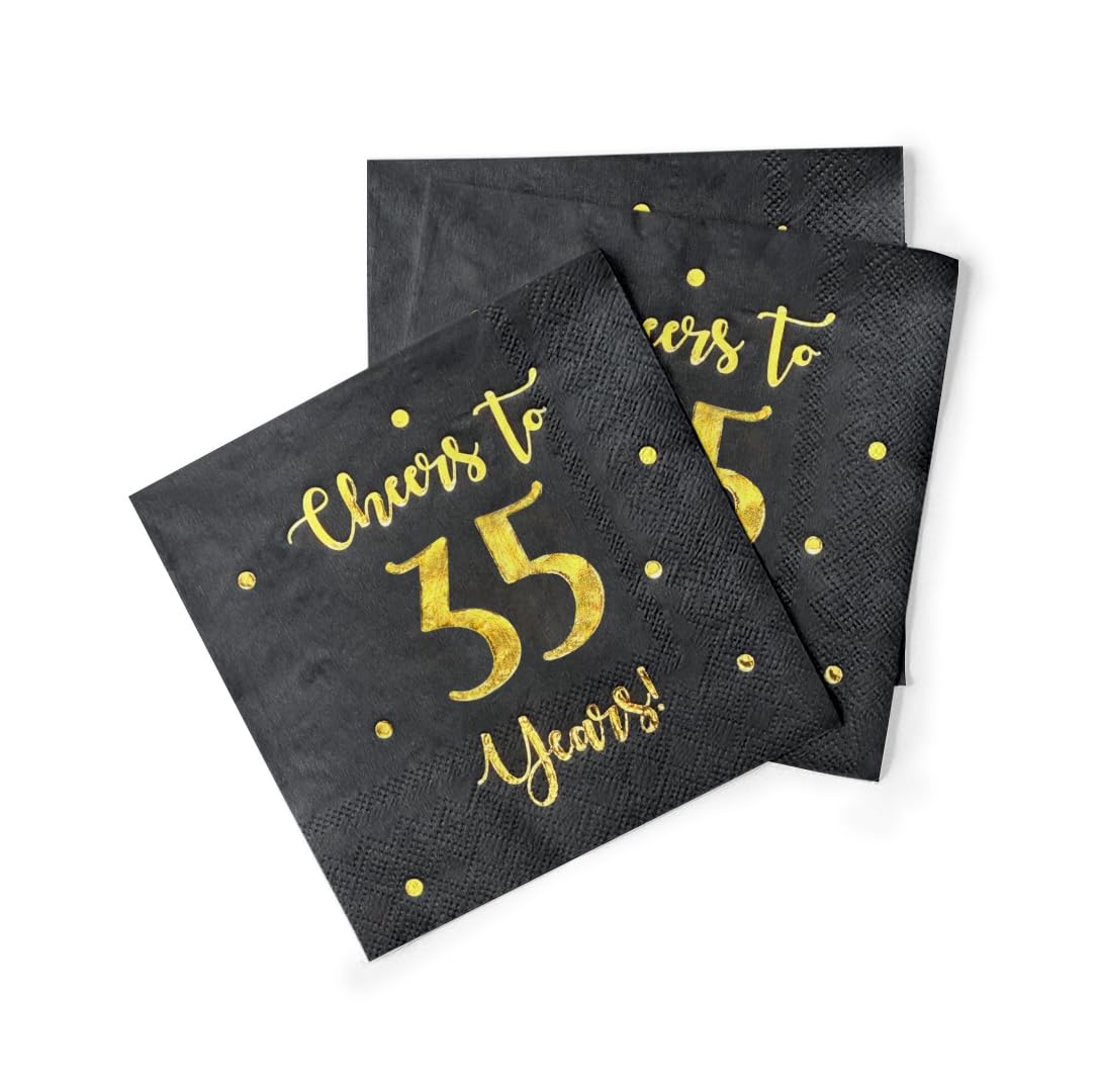 Cheers to 35 Years Cocktail Napkins | Happy 35th Birthday Decorations for Men and Women and Wedding Anniversary Party Decorations | 50-Pack 3-Ply Napkins | 5 x 5 inch folded (Black)