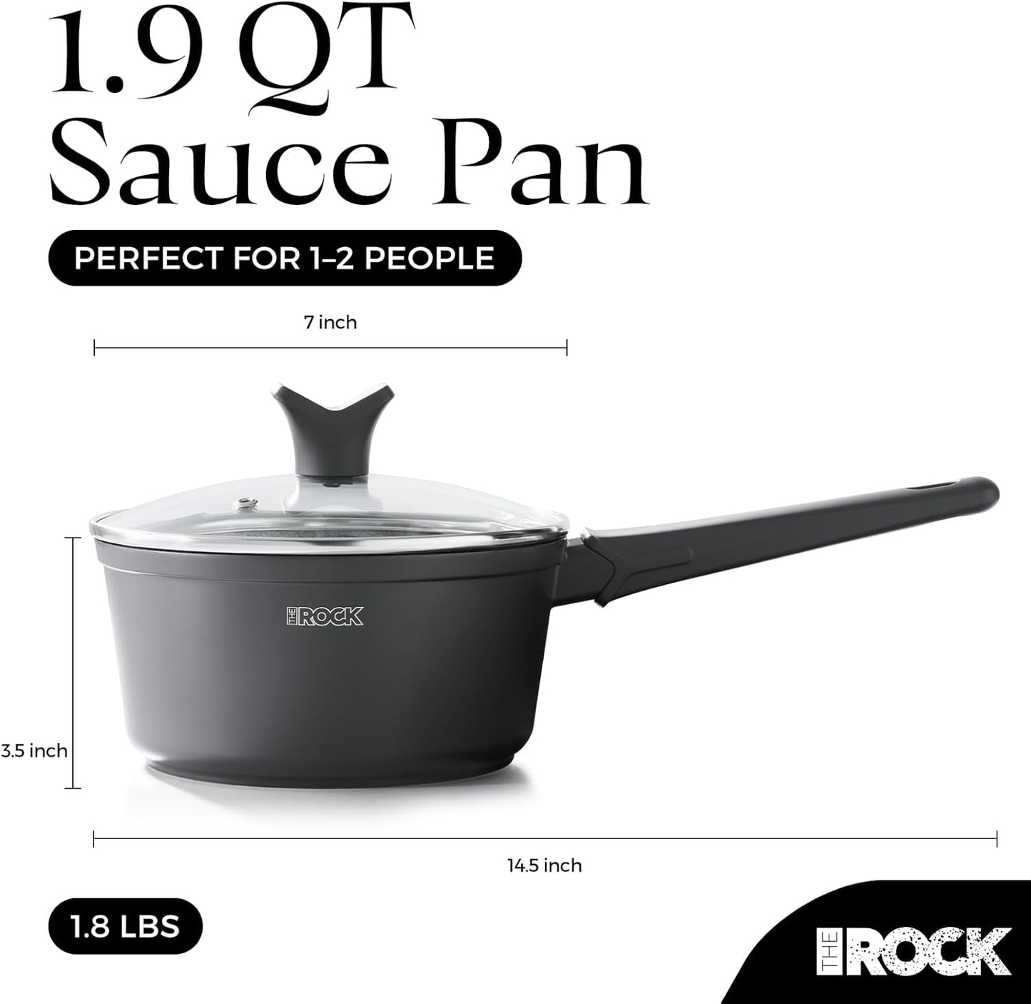 The Rock Soho Nonstick Saucepan - 1.9 Quart Small Pot with Durable PPG Quantum2 Coating | Induction Compatible, PFOA-Free, Black