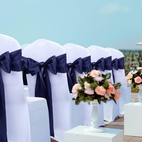 Babenest Satin Chair Sashes - Upgraded 50 Pcs Chair Ribbons & Bows for Weddings | Navy Blue