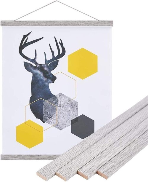Benjia Magnetic Poster Hanger - 23" Wooden Frame for Canvas Art & Maps | Grey Dowel Hanging Kit