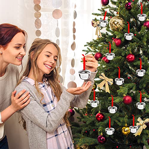 FOIMAS 30pcs 1.6in Believe Bells Ornament Silver with Red Ribbon for Christmas Tree