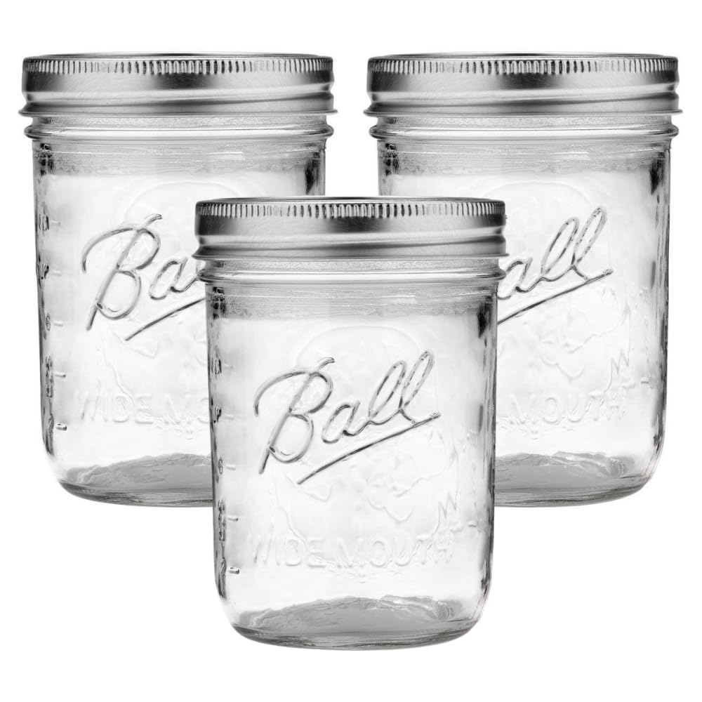 Ball Wide Mouth Glass Mason Jars with Lids and Bands, Used for Canning, Pickling, Juice, Jam, Jelly, Pint Size 16 Ounce (Pack of 3)
