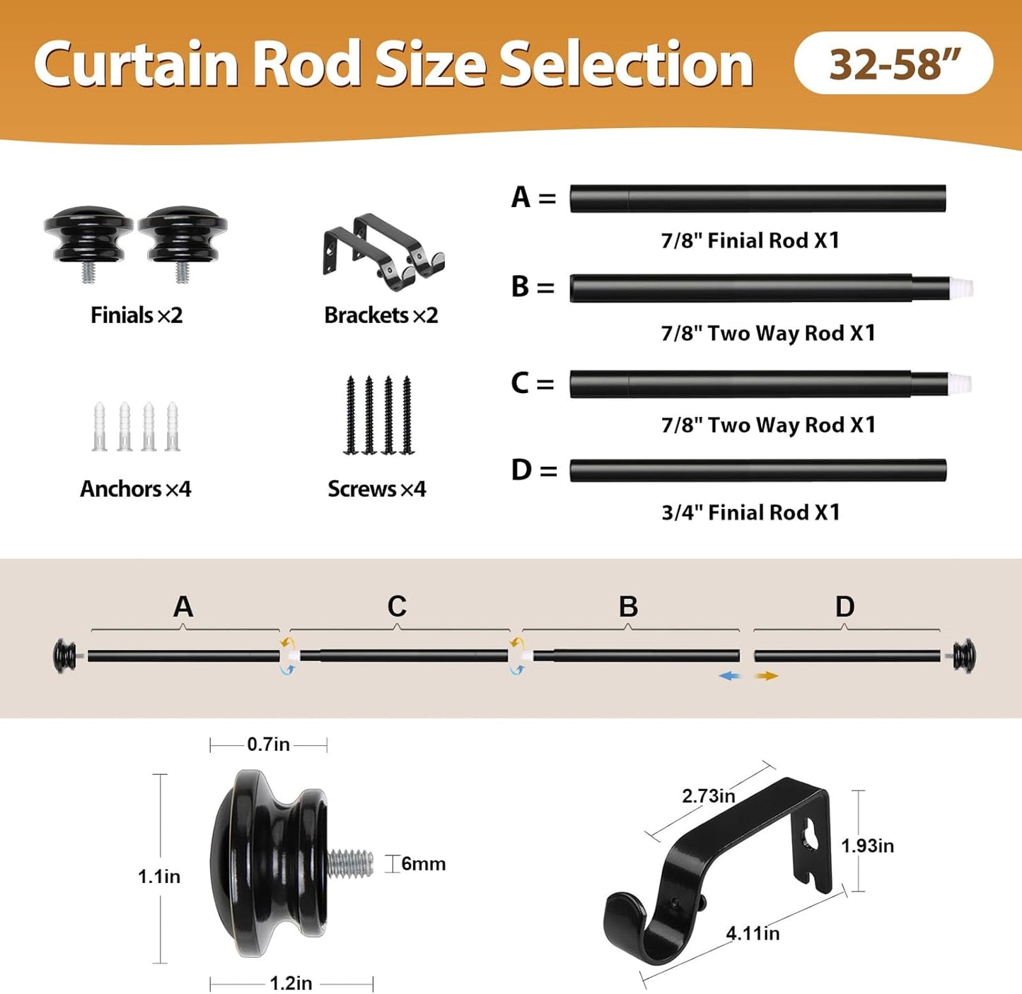 TONIAL Curtain Rod - Telescoping Drapery Rod for Windows 32 to 58 Inches - Elegant Black Finish