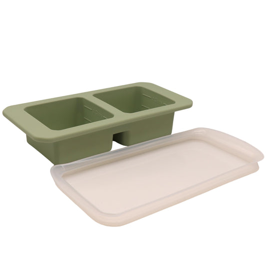 Silicone Freezer Tray with Clear Lid, 2 Compartments with 2 Cup Capacity Each, Large Ice Cube Molds, Microwave and Dishwasher Safe, for Freezing Soup, Sauce, Broth, etc. Sage Green