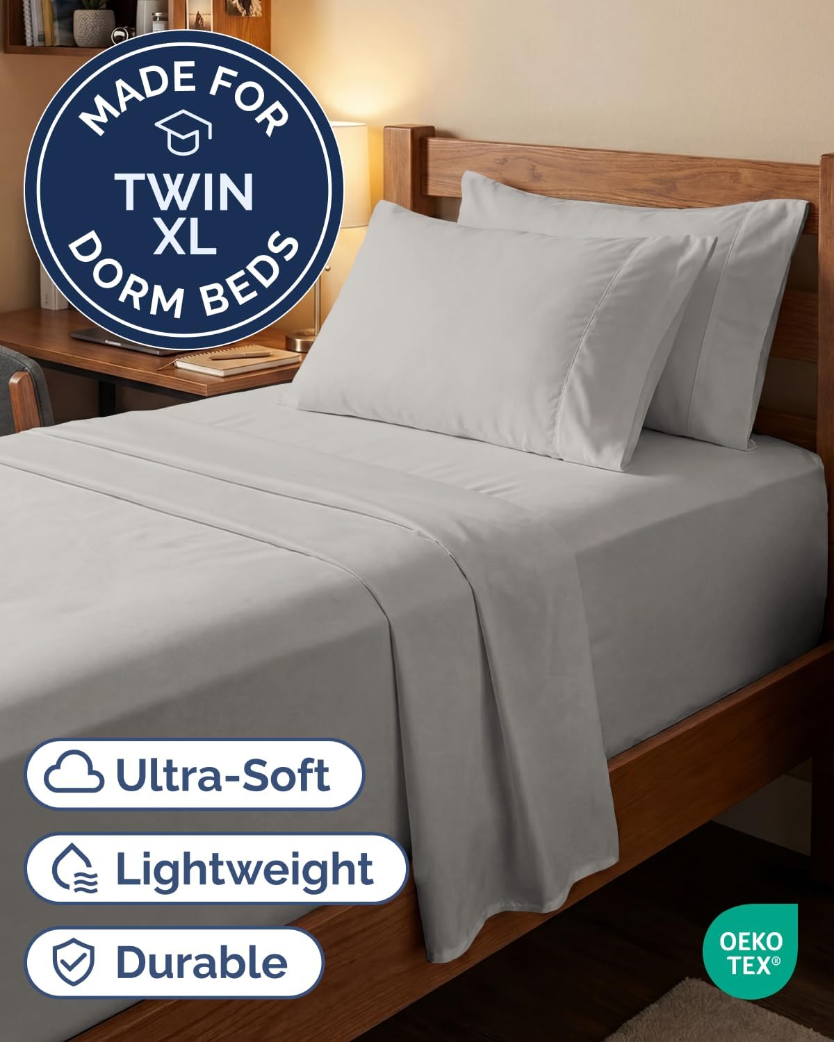 Skiennix Extra Deep Twin XL Sheet Set | 4-Piece Breathable Cooling Bedding - Soft, Wrinkle-Free, French Grey