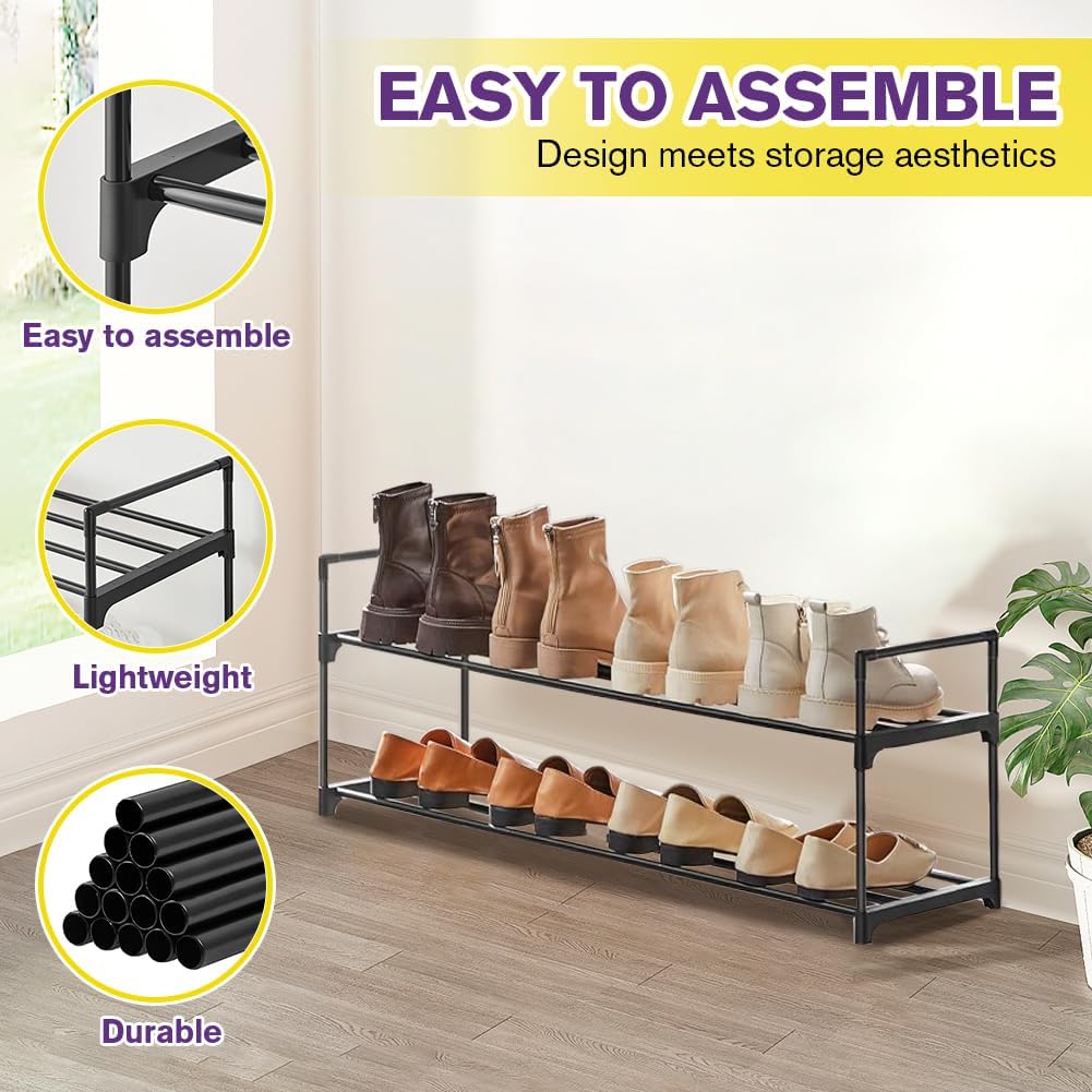 Metal Shoe Rack Organizer by [Brand Name] - Stackable Storage Shelf for Entryway | 2-Tier Black Design (30cm x 92cm x 55cm)