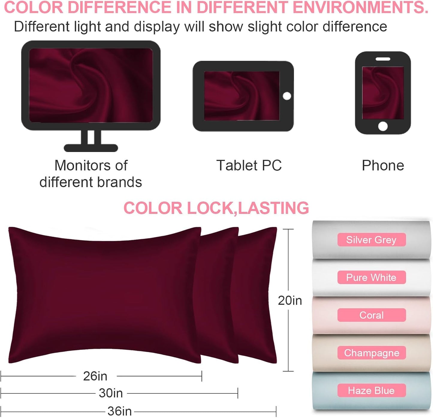 Skiennix Mulberry Silk Pillowcase Set - 2 Standard Size Cases with Hidden Zipper | Smooth, Soft & Breathable in Burgundy Red