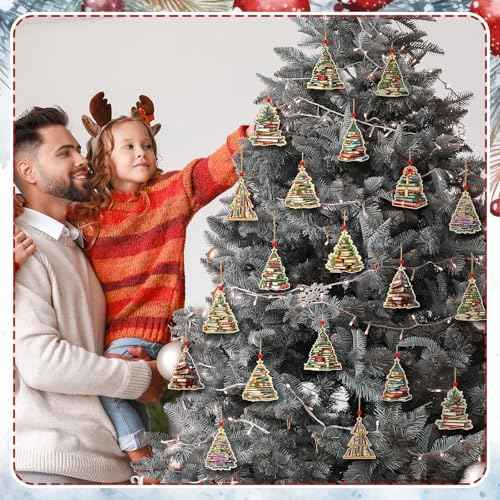 12 Pcs Christmas Tree Ornament Book Lovers Gifts Christmas Decoration Wooden Crafts 3D Design Hanging Decor for Xmas Decoration (Book Shaped)