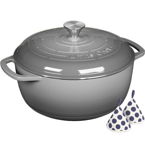 Enameled Cast Iron Dutch Oven - Umite Chef 6QT Pot with Lid & Cotton Potholders - Dual Handles -Versatile Heavy Duty Cookware for Bread Baking，Braising, Stews, Roasting（Grey）