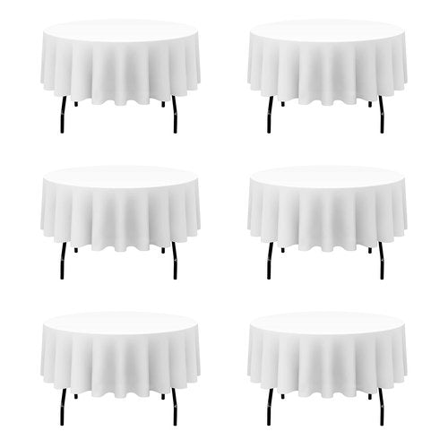 BRILLMAX 6 Pack White Round Tablecloths 90 Inch for 60” Tables - 150 GSM Polyester Fabric, 15" Standard Drop, Water, Stain & Wrinkle Resistant Cloth Cover for Wedding Reception Banquet Dining