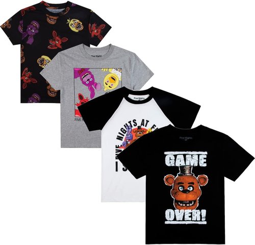 Five Nights at Freddy's | Game Over Crew Neck Tees - 4-Pack for Boys, Short Sleeve