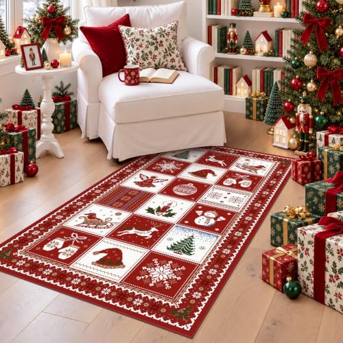Olacotta 3' x 5' Christmas Rug - Red/White Tree & Reindeer Pattern, Machine Washable