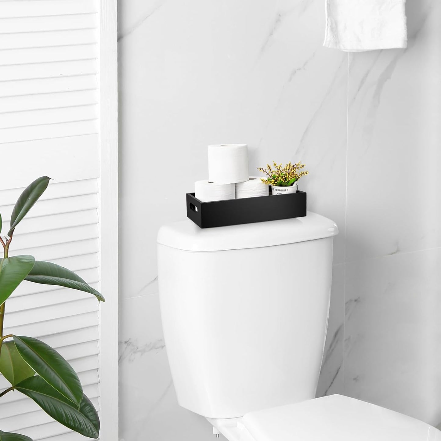 ALELION Black Bathroom Basket - Wooden Toilet Tank Paper Organizer with Handle | Stylish Storage Solution for Bathroom Decor