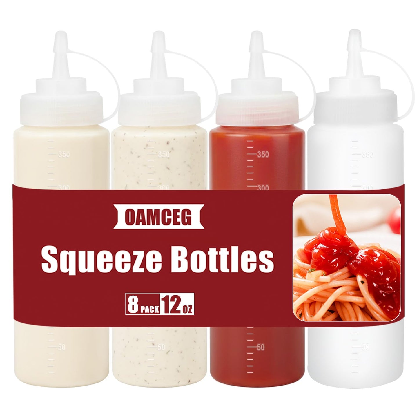 OAMCEG 12OZ Squeeze Bottles - 4 Pack Durable Plastic Condiment Bottles, Squirt Bottle with Discrete Measurements, for Ketchup, BBQ, Sauces, Syrup, Condiments, Dressings, Arts and Crafts