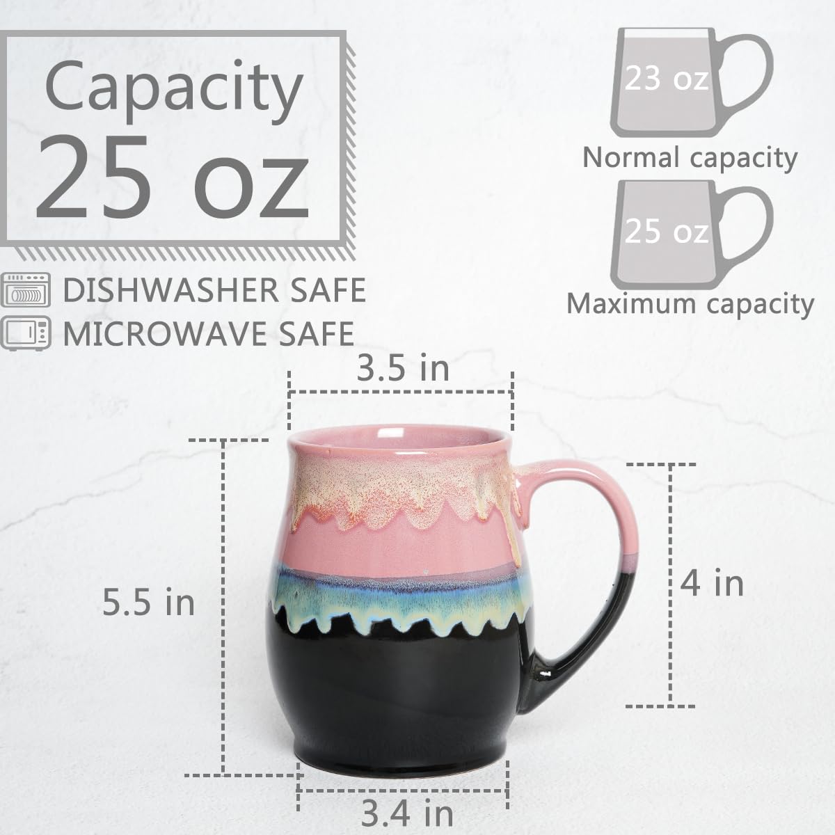 Bosmarlin Extra Large Ceramic Coffee Mug, 25 Oz, Dishwasher and Microwave Safe, Big Oversized Tea Cup, Reactive Glaze (Pink)
